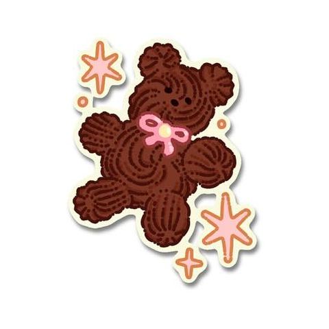 Brown teddy bear with a pink bow flash tattoo design by Naive Flora Tattoo Bangkok