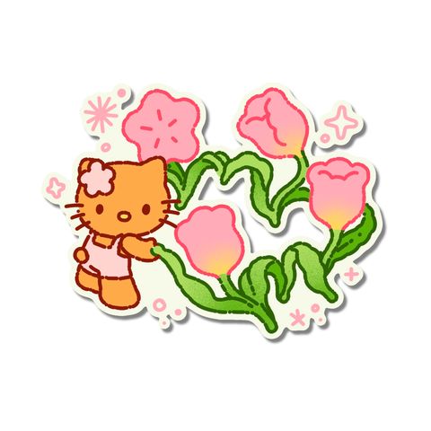 Kitty with pink tulips flash tattoo design by Naive Flora Tattoo Bangkok