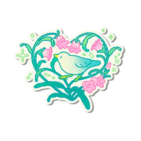 Little bird in a pink flower heart flash tattoo design by Naive Flora Tattoo Bangkok