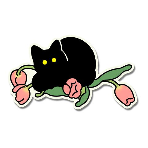 Black cat with flowers flash tattoo design by Naive Flora Tattoo Bangkok