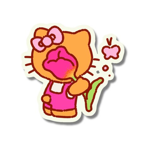 Kitty hiding behind a pink tulip flash tattoo design by Naive Flora Tattoo Bangkok