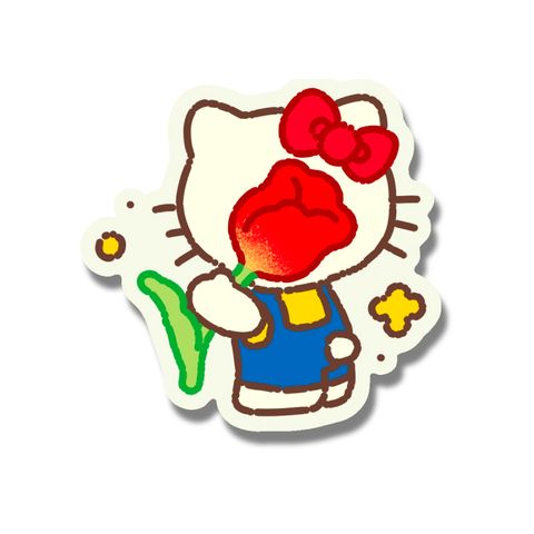 Kitty hiding behind a red tulip flash tattoo design by Naive Flora Tattoo Bangkok