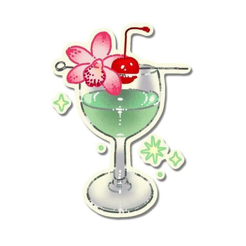 Green cocktail with orchid and cherry flash tattoo design by Naive Flora Tattoo Bangkok