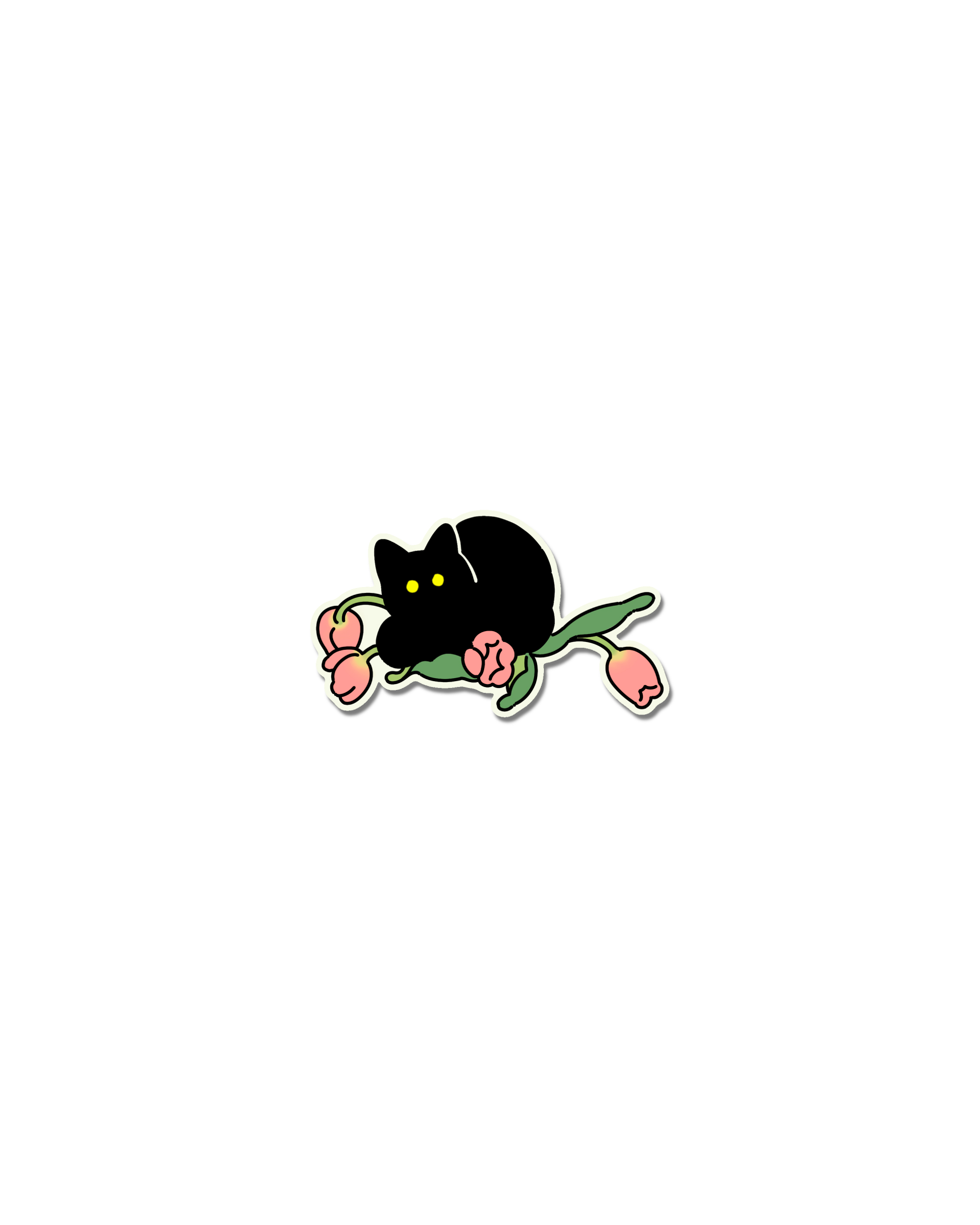 Black cat with flowers naive flash tattoo design