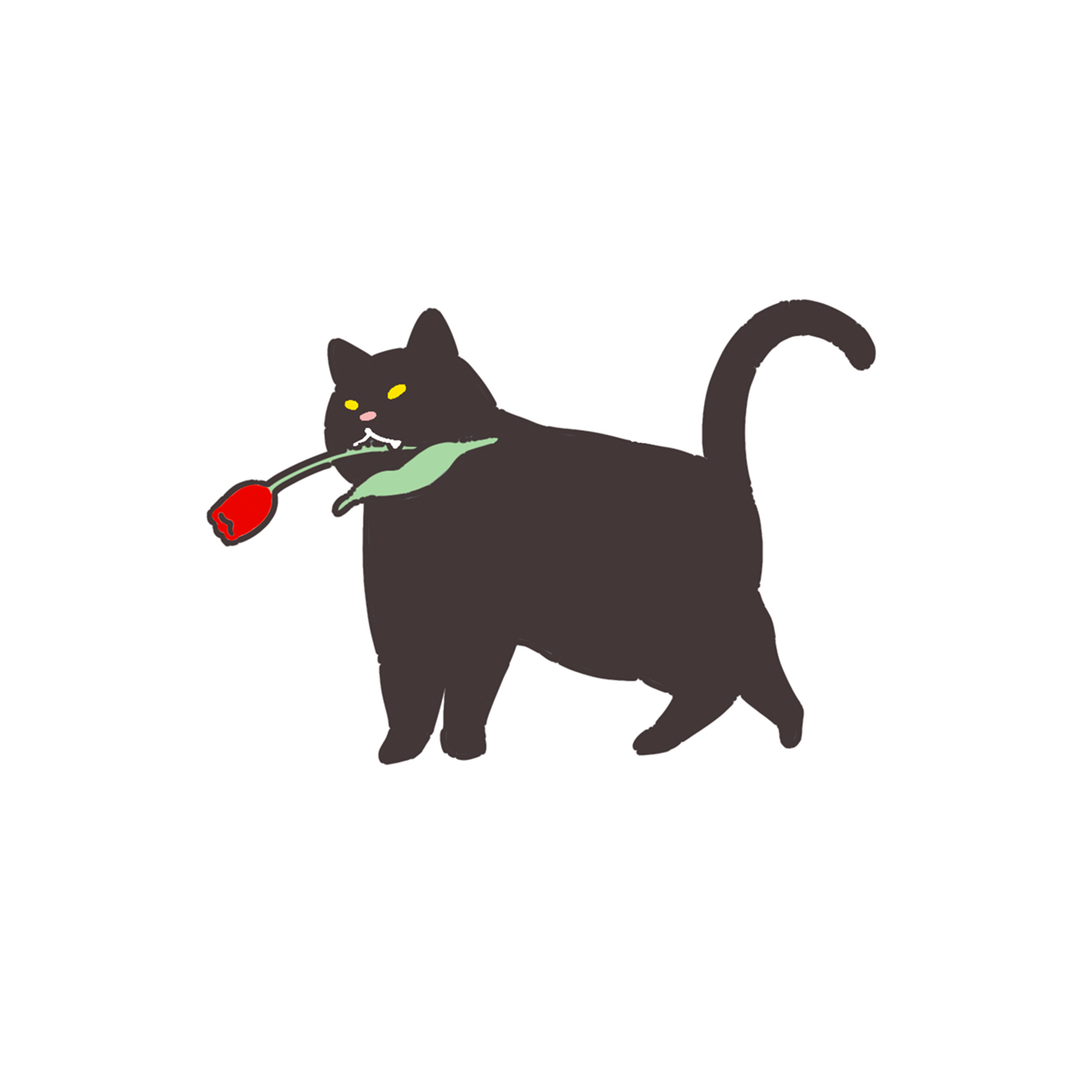 Black cat holding a rose naive flash tattoo design
