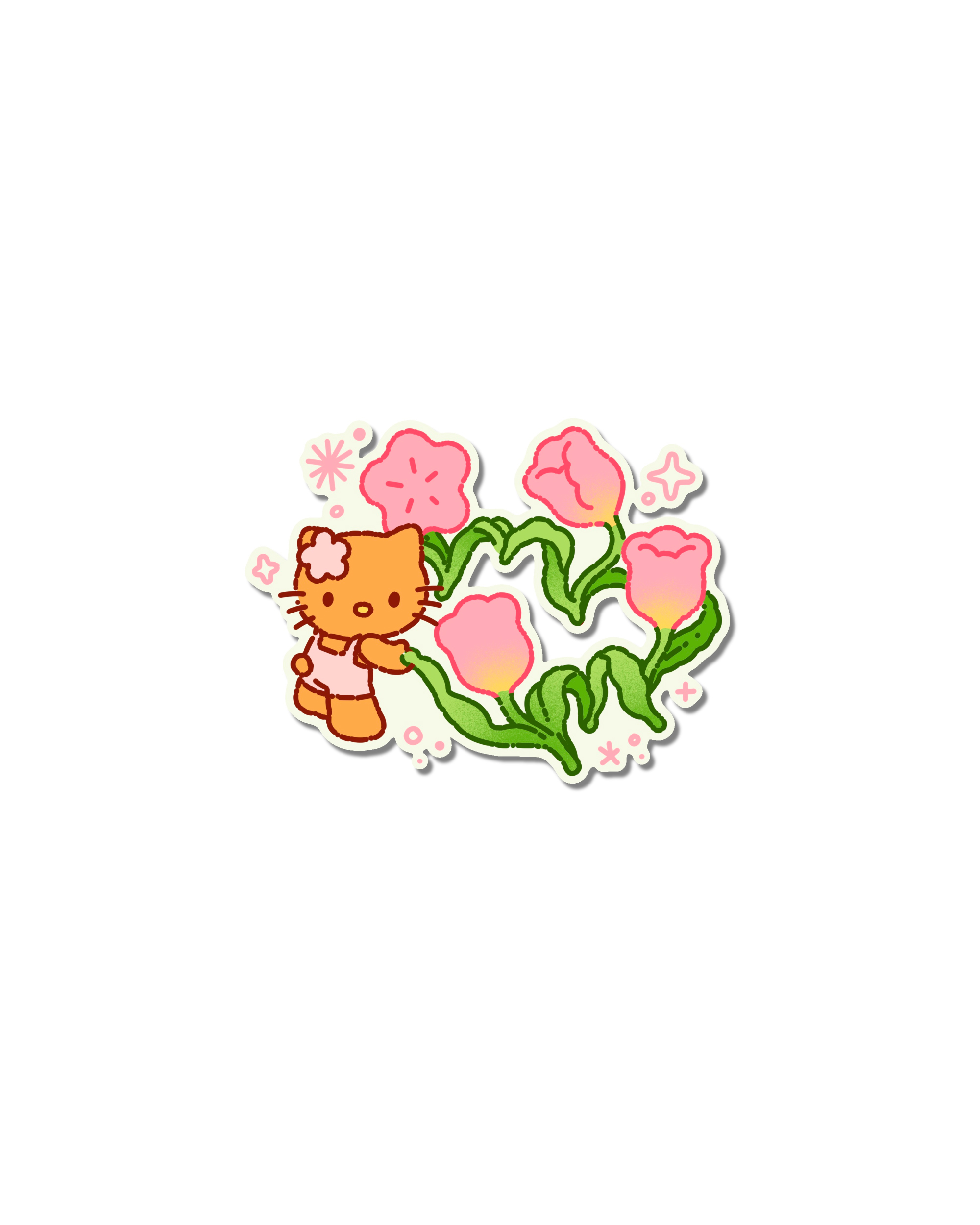 Kitty with pink tulips naive flash tattoo design