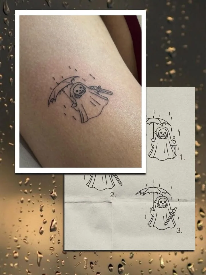 Overview of the piece: the ghost tattoo next to the sketch sheet with three numbered design options