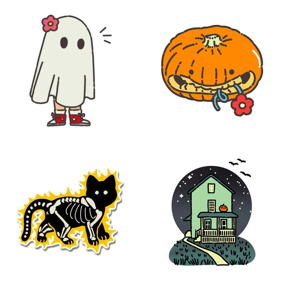 Collage of four Halloween flash tattoo designs: a little ghost with a flower and red shoes, a pumpkin holding a flower in its mouth, an x-ray skeleton cat, and a haunted house inside a snow globe