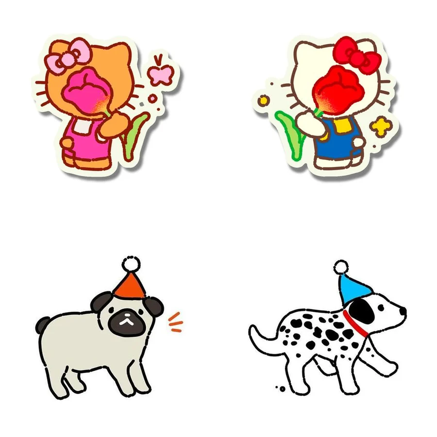 짝을 이루는 Naive Flora 플래시 도안 네 장의 콜라주: 분홍과 빨강 튤립 뒤에 숨은 두 아기 고양이, 그리고 파티 모자를 쓴 퍼그와 달마시안