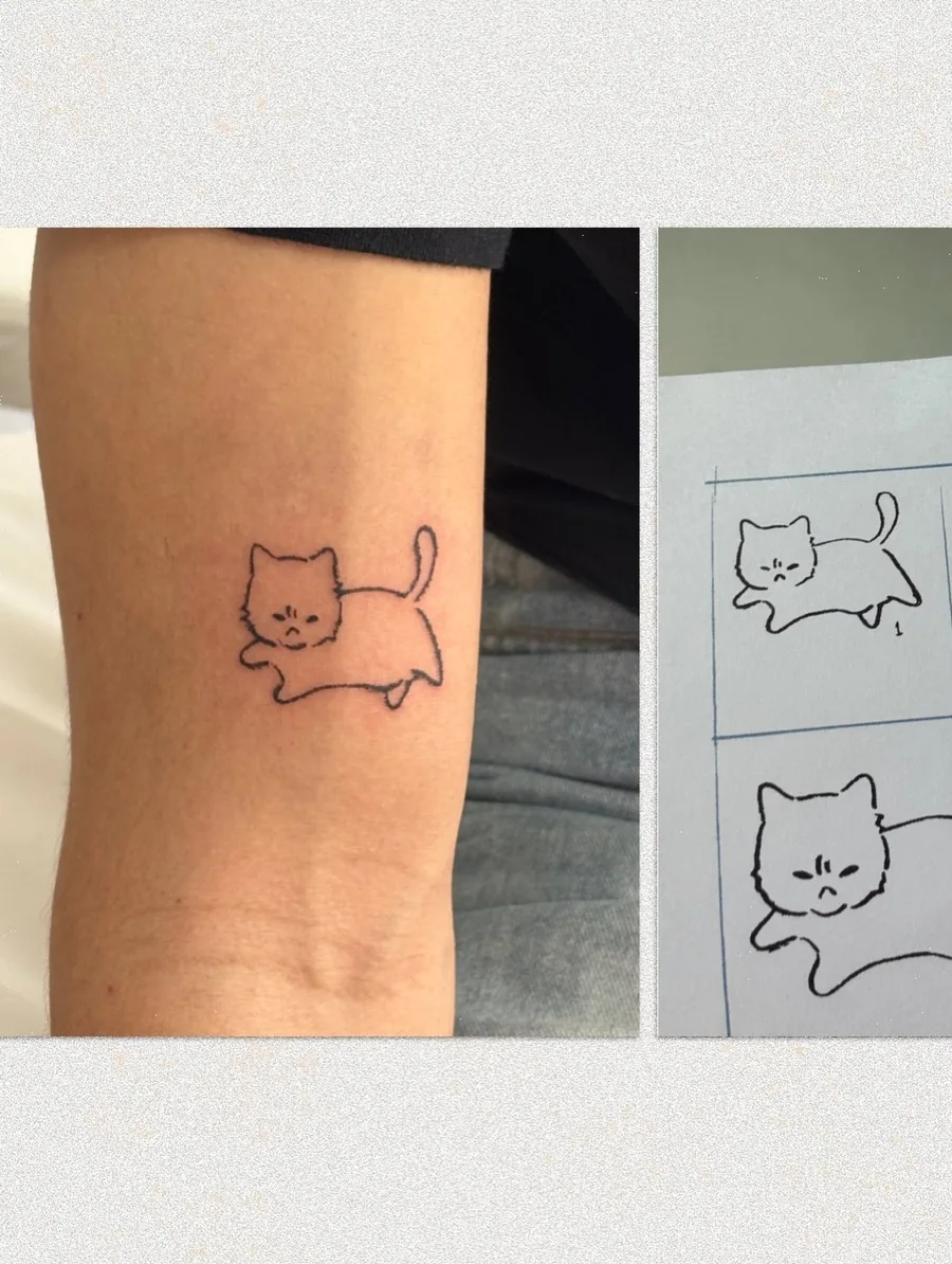 The tattoo next to the sketch sheet with numbered variants of the same cat