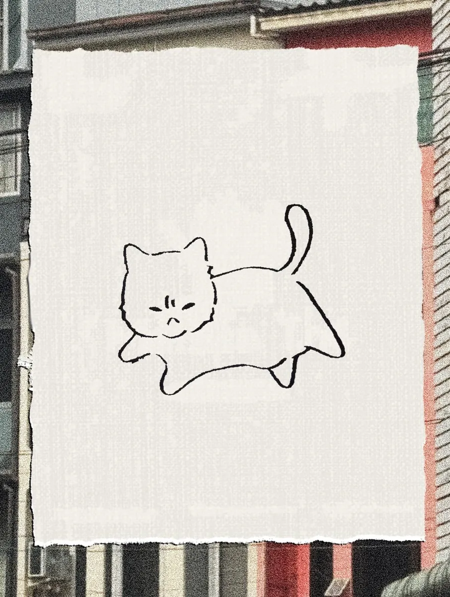 The original drawing of the cat on paper, in thick and thin brush lines