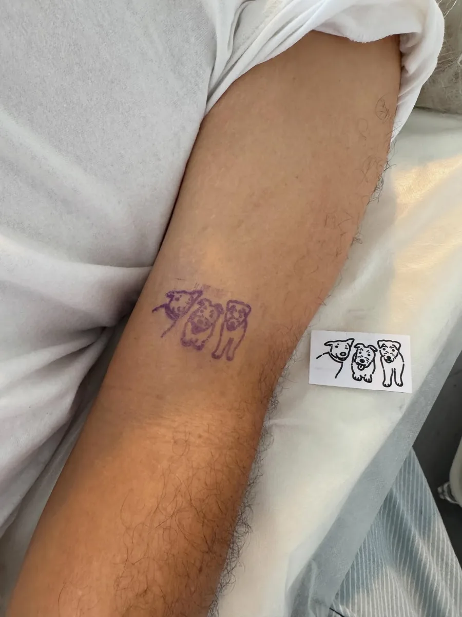 The three-dog stencil on the arm, next to the finished drawing