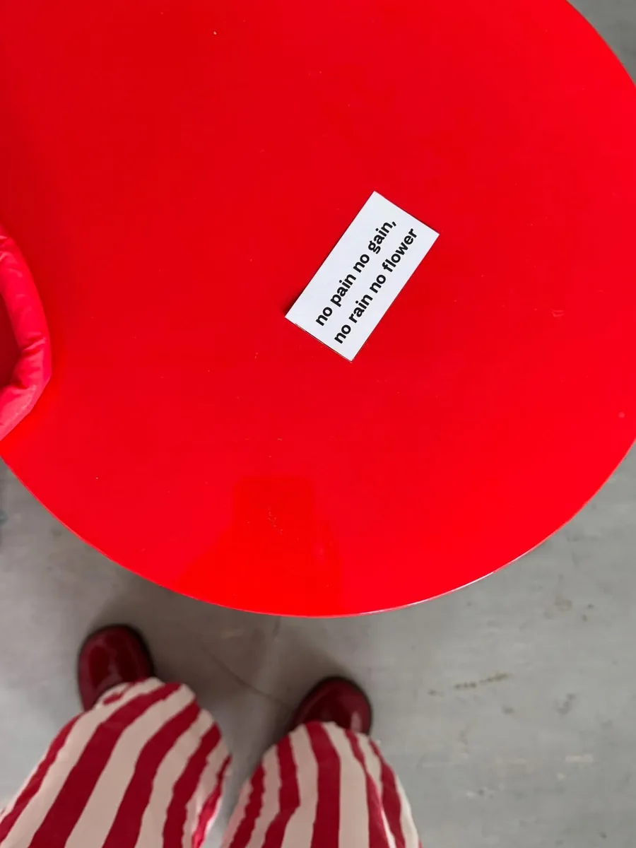 A printed paper card with the quote no pain no gain, no rain no flower on a red table