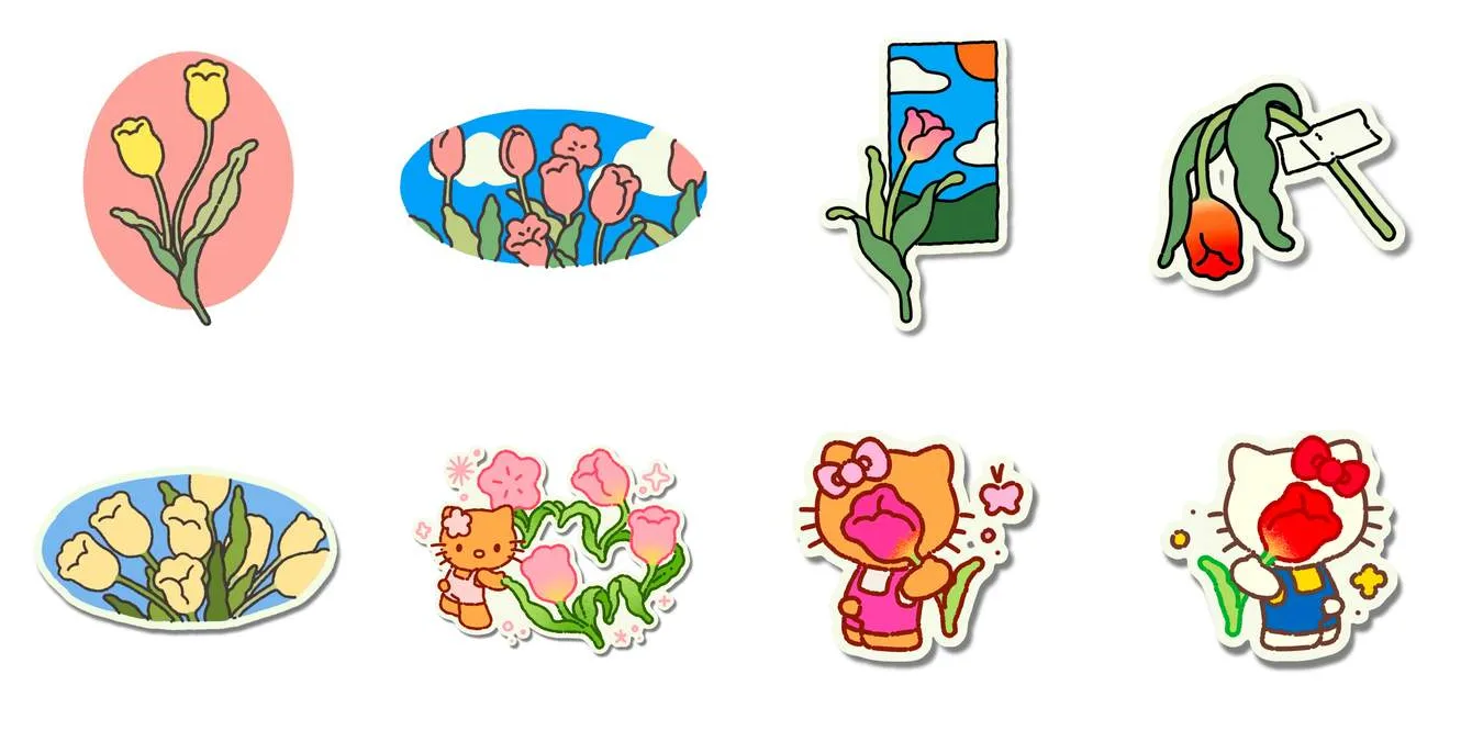 Флэш-эскизы тюльпанов Naive Flora: жёлтые тюльпаны, тюльпанное поле, поникший красный тюльпан и котята, которые прячутся за тюльпанами